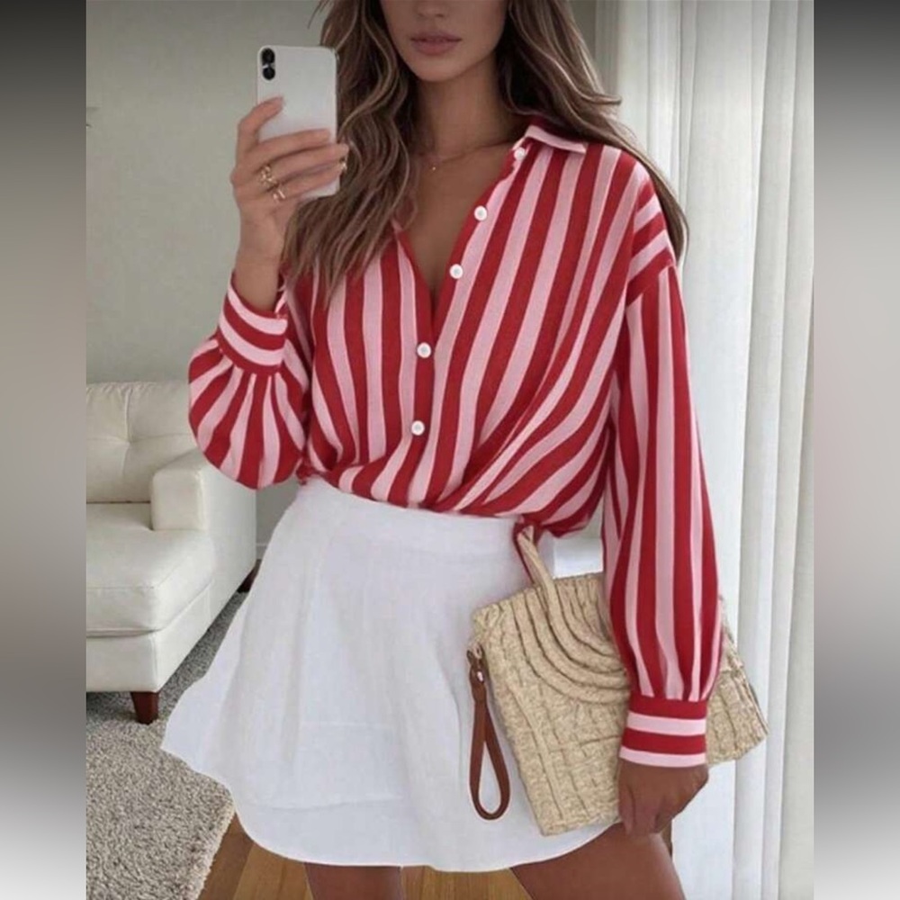 Plus Size Striped Drop Shoulder Long Sleeve Office Button Down Shirt Top Blouse